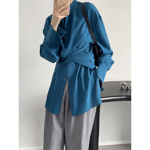 Stand Collar Cross Tie Waist Solid Color Top Blue - Shop at LoveMi