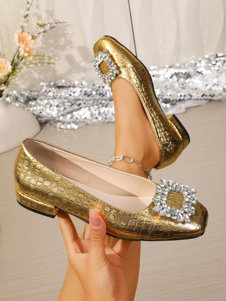 Women's Gold Crocodile Print Square Toe Rhinestone Buckle Low Heel Pumps Elegant Dress Shoes - imagen 1
