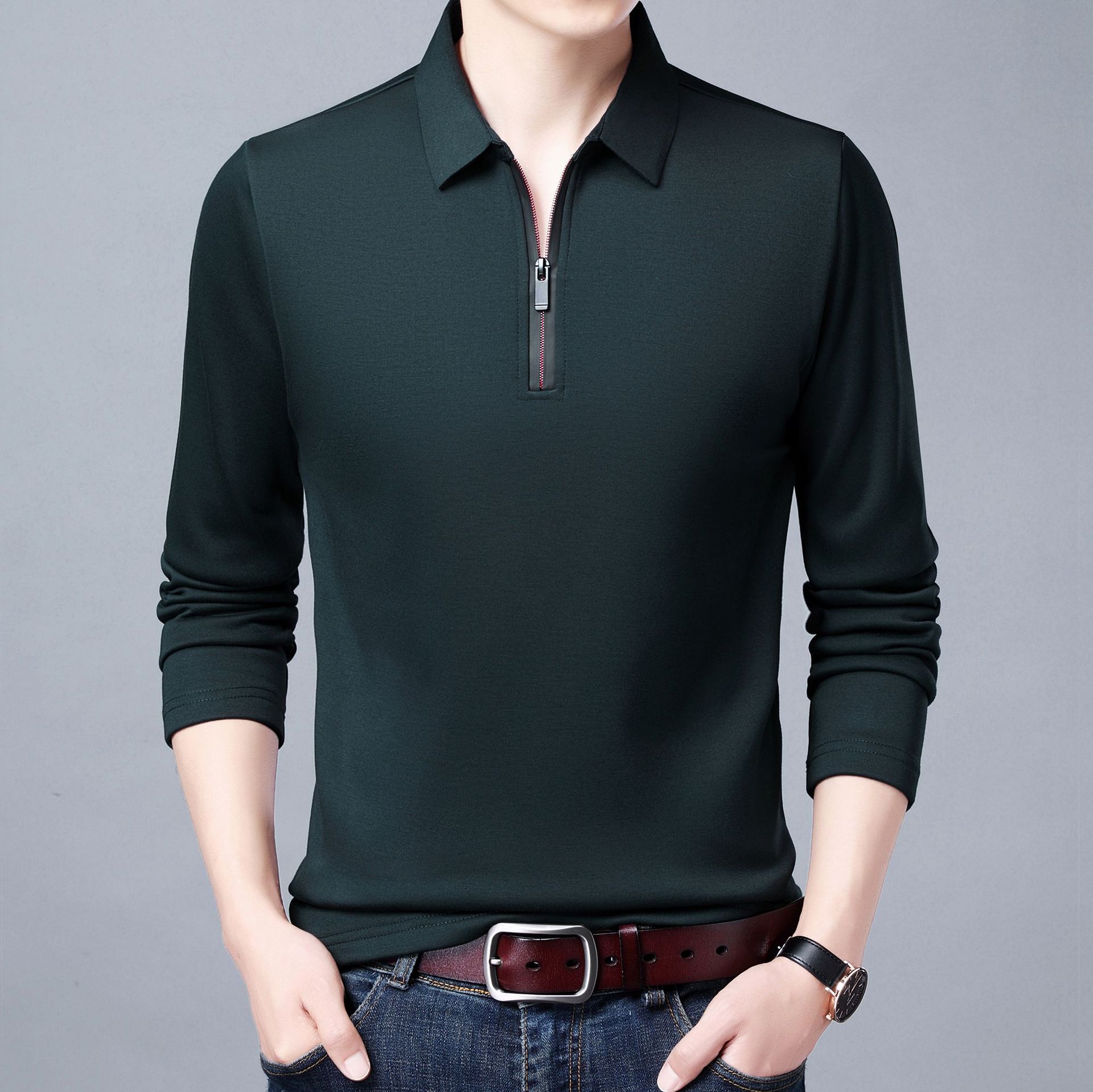 Spring And Autumn Men Long Sleeve Lapel Half Zip T Shirt