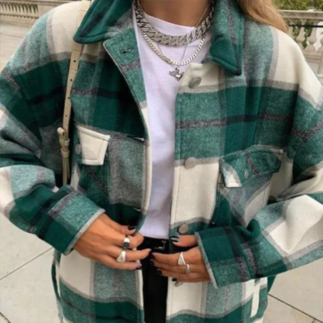 Explosive Casual Woolen Long sleeved Plaid Jacket Green - Shop at LoveMi