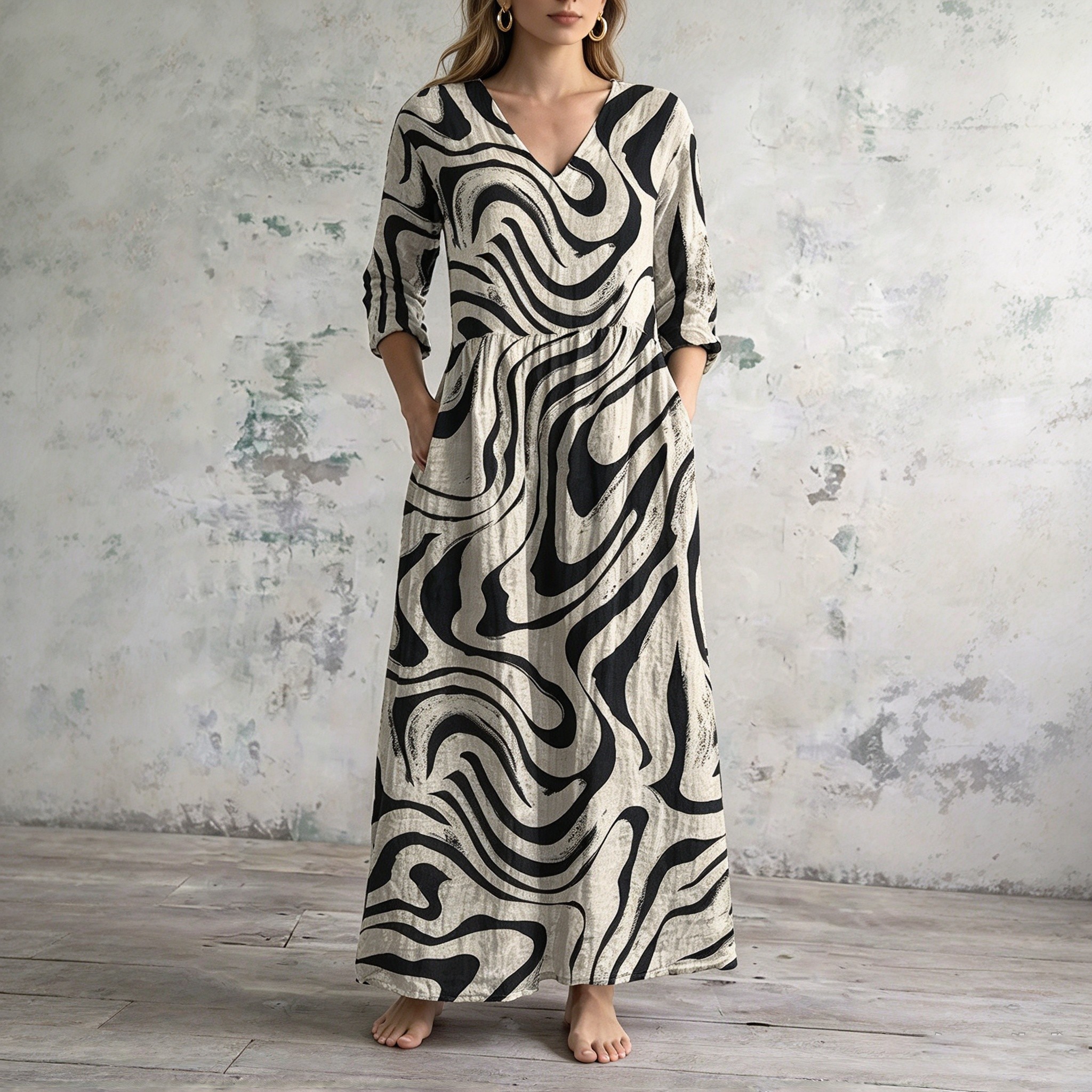 Women Woven V Neck Sleeve Abstract Wave Print Maxi Dress With Pockets