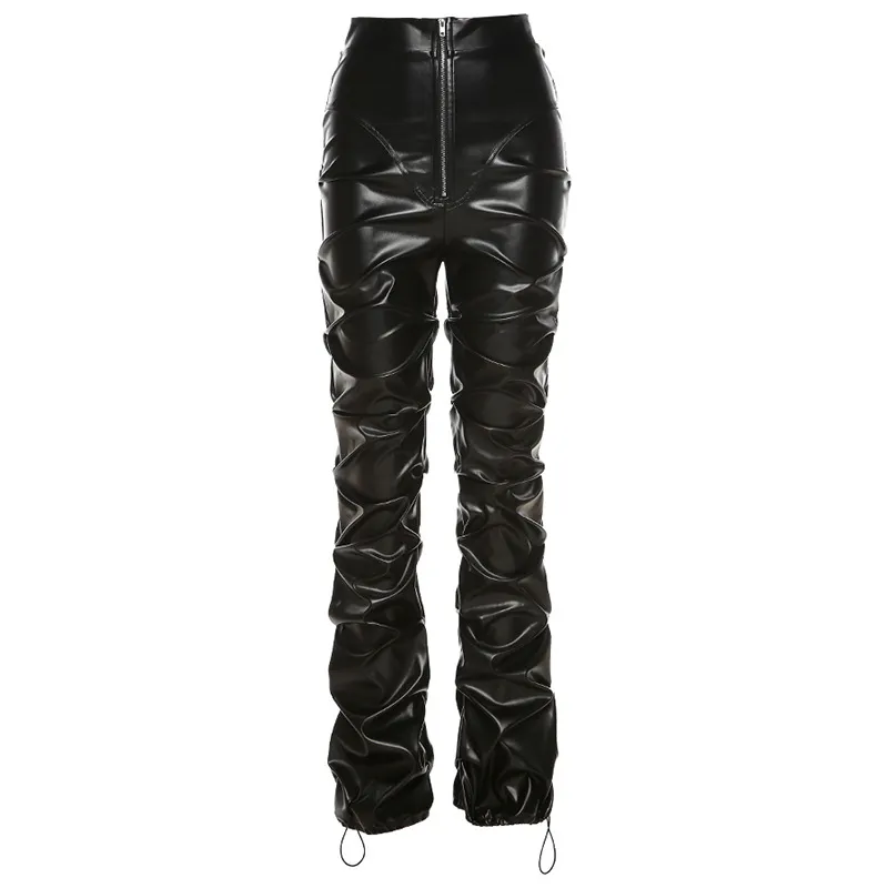 Fashion Street Shooting Casual Faux Leather Trousers - Black