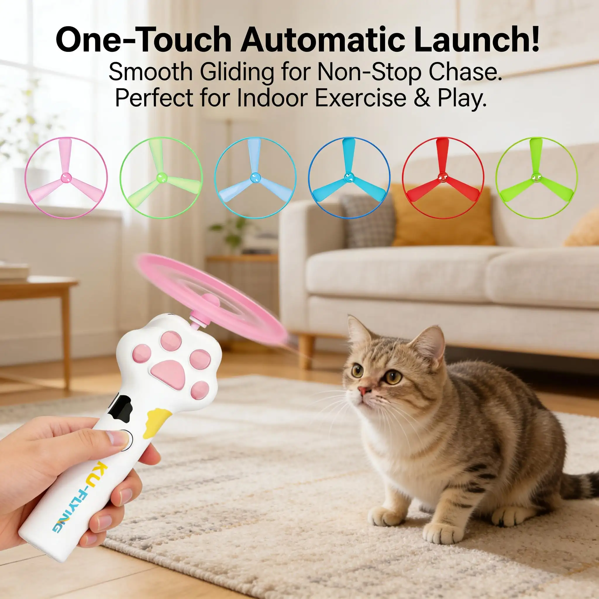 Cat Fetch Toy Launcher,Flying Disc Launcher Toy Rechargeable With 6 Flying Discs,Flying Cat Toy Disc Launcher For Kitten Dog Playing Interactive Hunting Trackin