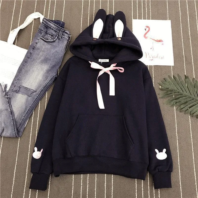 Women's Autumn And Winter Embroidered Cute Rabbit Ear Pocket Hoodie - Black