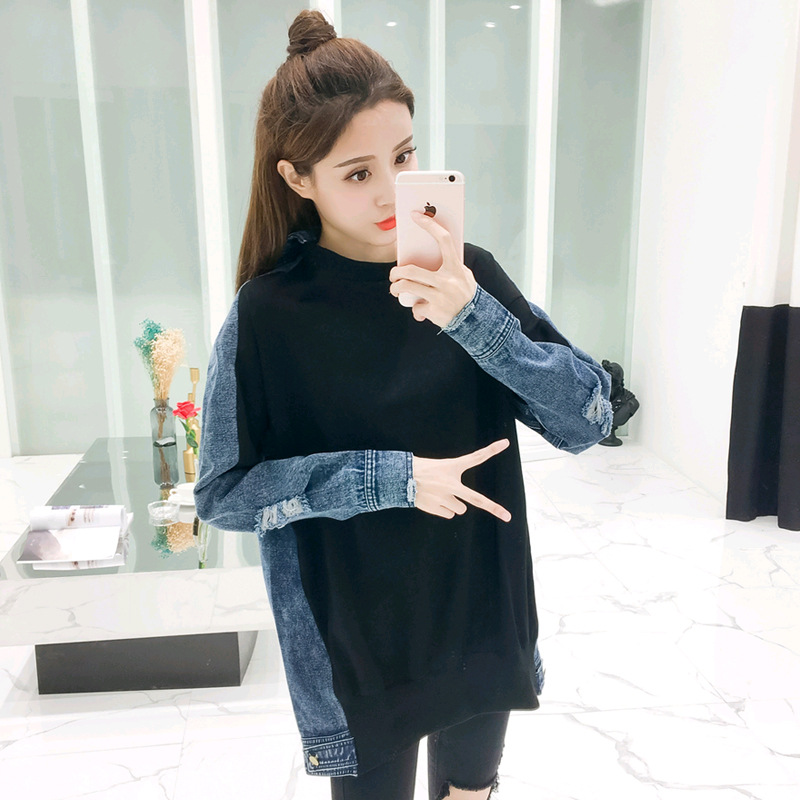 Spring New Stitching Ripped Denim Fashion Sweater