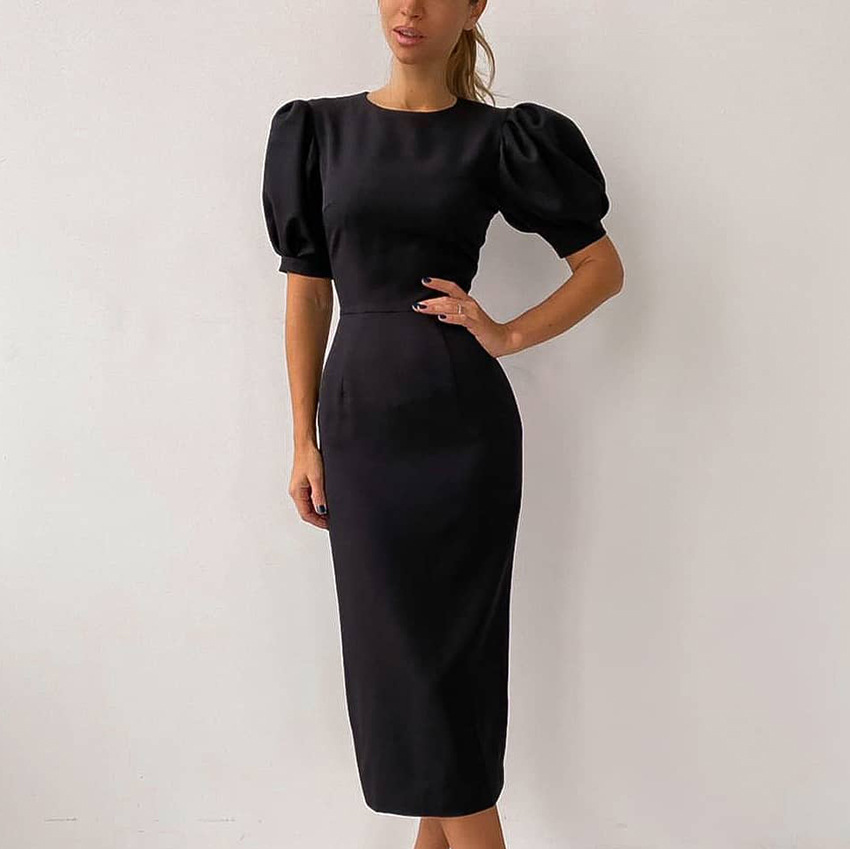 Fashion Ladies Tight High Waist Puff Sleeve Dress