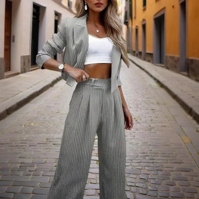 Women's Solid & Striped Long Sleeve Blazer Suit Set Button Up Cropped Top With Pleated Pants, Office Work Wear Gray - Shop at LoveMi