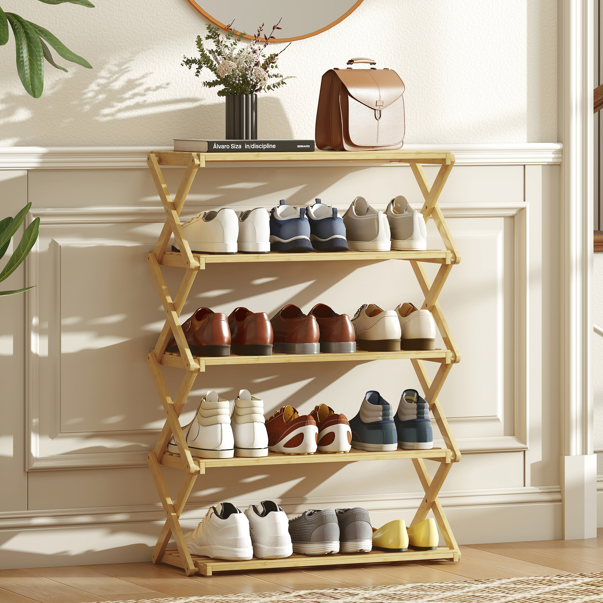 Three Layer Folding Bamboo Shoe Rack - Natural Color — image 8