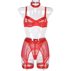 Women's Mesh Stitching Four-piece Underwear With Halterneck Girdle - Red - View 1