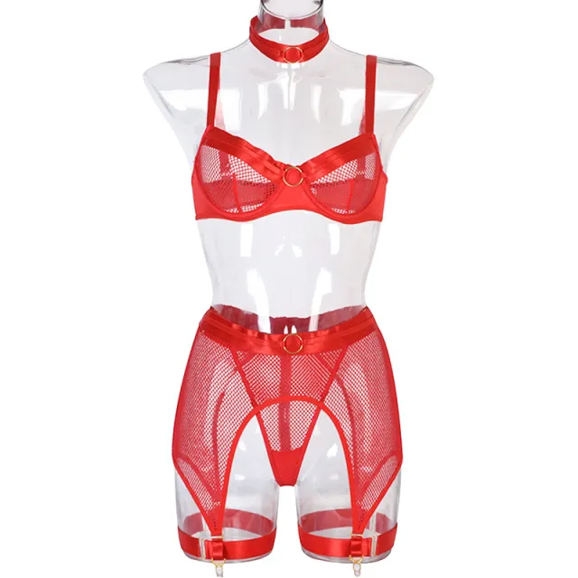 Women's Mesh Stitching Four piece Underwear With Halterneck Girdle Red - Shop at LoveMi