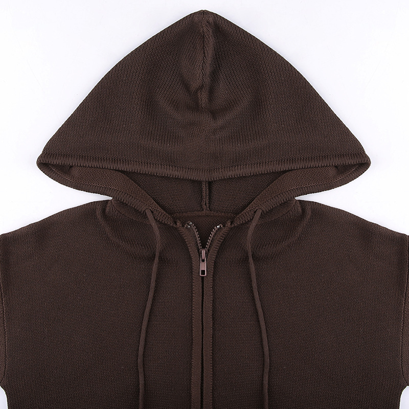 Pure Color Hooded Sweater Women Basic Slim Cardigan Zipper Casual Short Top