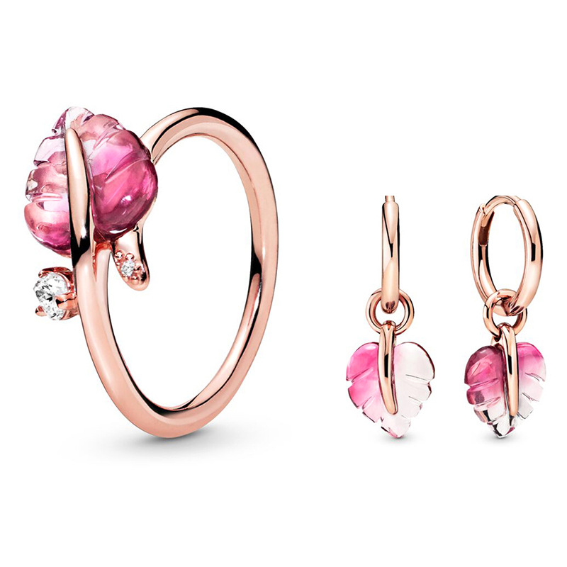 Title 2, Anello + Orecchini Foglie Cadute di Murano Rosa