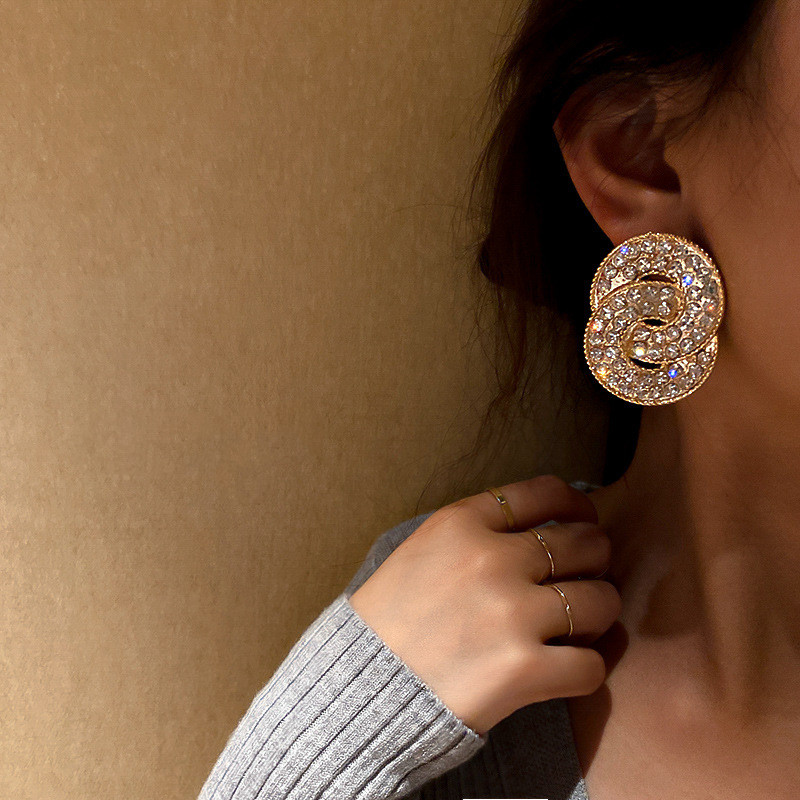 925 Silver Needle  Exaggerated Full Diamond Double Ring Earrings Flashing Diamonds