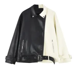 Collision Color Locomotive Women Loose Short Pu Leather Jacket - Contrasting Colors-Xl - View 1