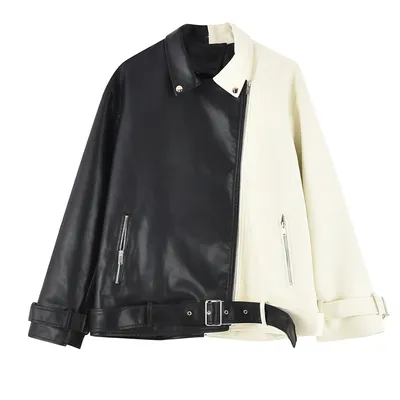 Collision Color Locomotive Women Loose Short Pu Leather Jacket Contrasting Colors Xl - Shop at LoveMi