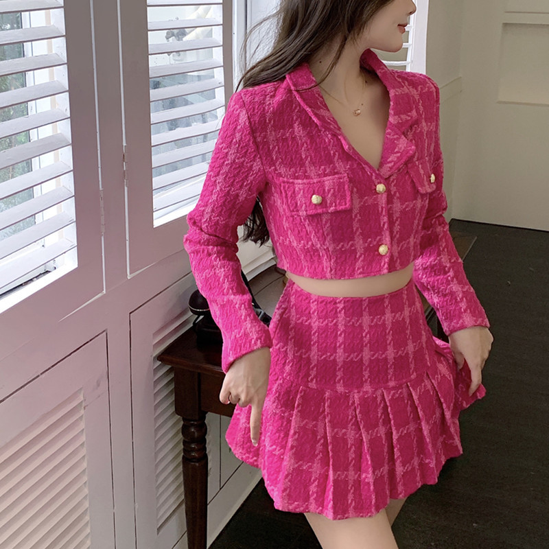 Check Pattern Small Suit Jacket High Waist A-line Pleated Skirt