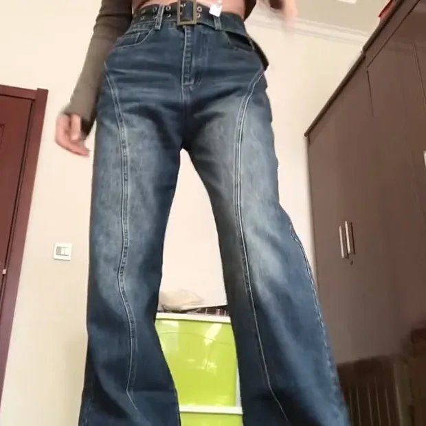 Washed-out Vintage High Waist Loose Wide Legs Straight Jeans - Blue