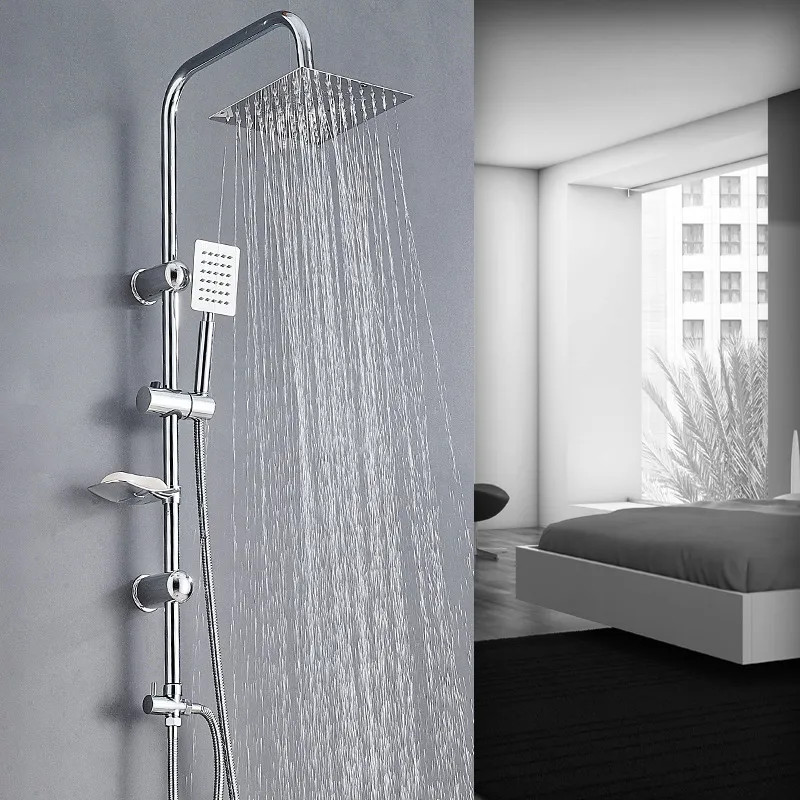 Bathroom Shower Kit Twin Head Square Fixed Riser Rail Bath Mixer Tap Set — image 8