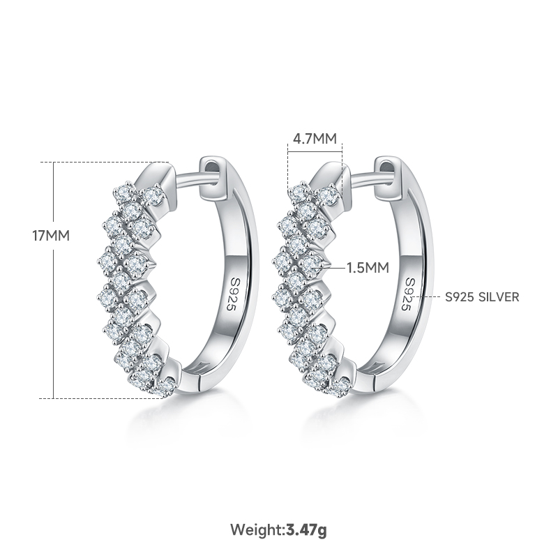 3.8g S925 Sterling Silver Moissanite Hoop Earrings 17mm Wave Pave Huggie Hoops With GRA Certificate, Platinum Plated Jewelry Gift Box Set For Women