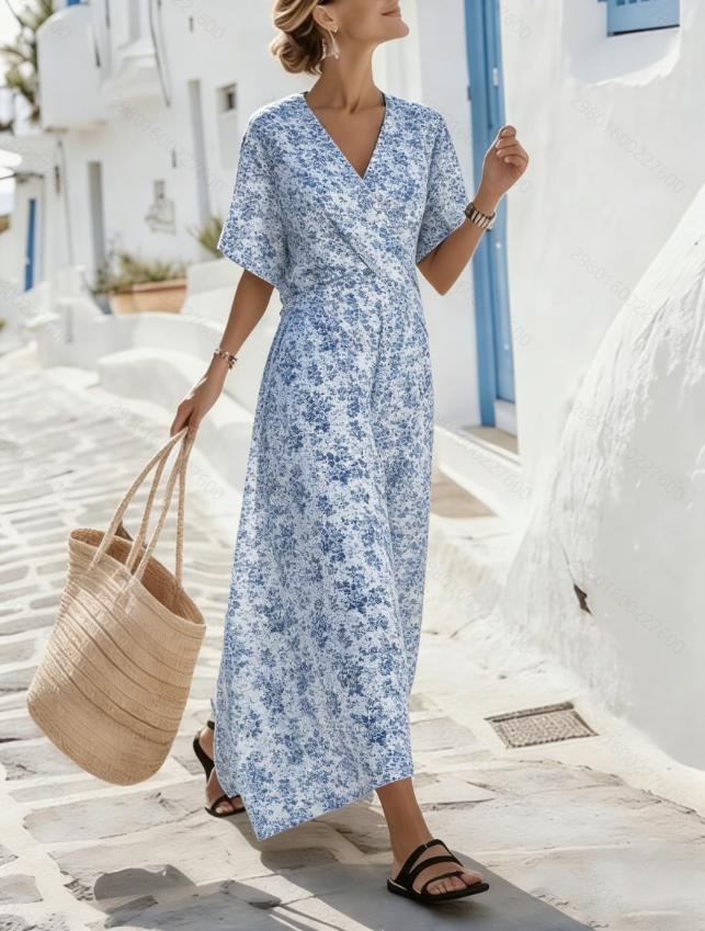 Floral Dress V-neck Short Sleeved Waist Slimming Vacation Style Long A-line Skirt