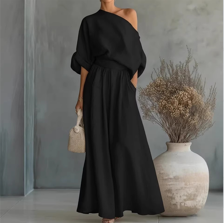 One-shoulder Off-the-shoulder Waist-tied Wide-leg Jumpsuit