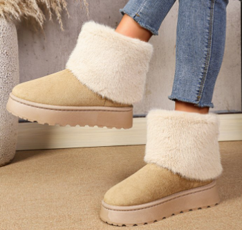 Women Fold Over Furry Cuff Platform Suede Winter Snow Ankle Boots
