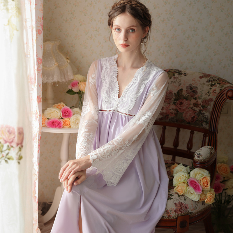 Title 2, Long-sleeved V-neck Nightdress Embroidered With...