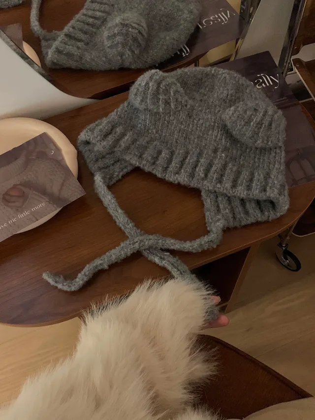 Women's Lace up Cute Bear Ears Plush Hat Gray - Shop at LoveMi
