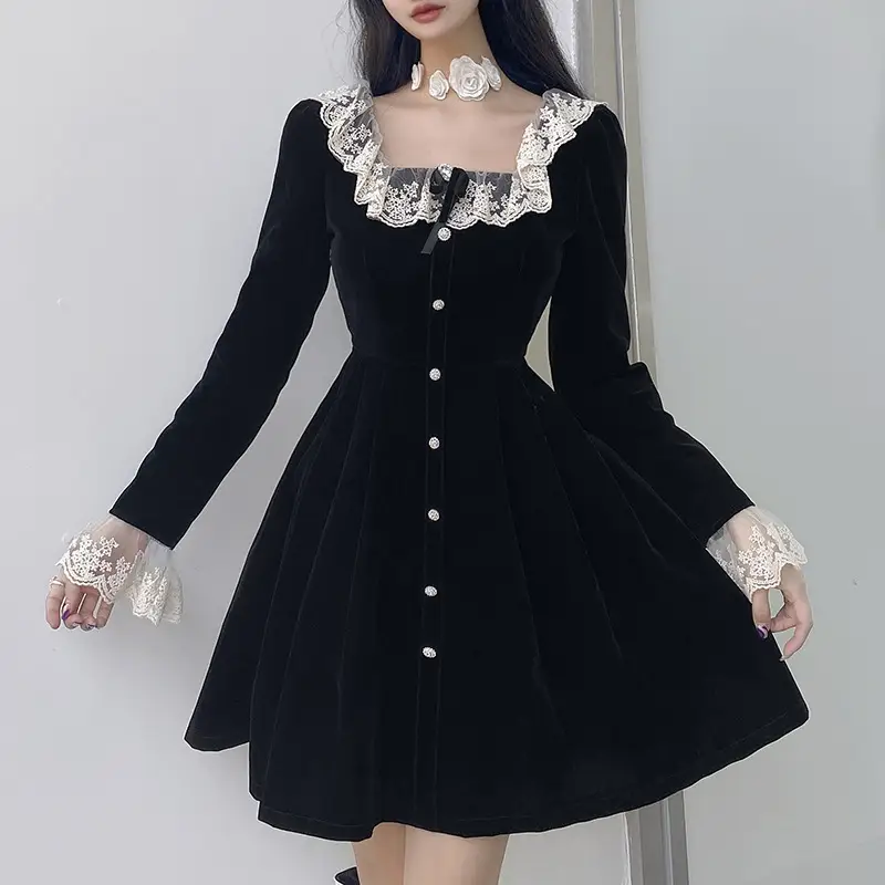 Women's Elegant Square Neck High Waist Long Sleeve Velvet A-Line Dress