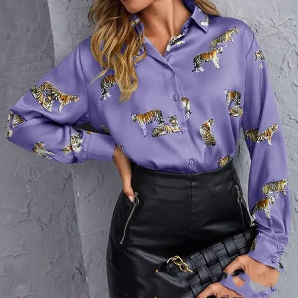 Printed Long Temperament Commute Purple White Green Long sleeved Lapel Single Breasted Pullover Shirt Purple - Shop at LoveMi
