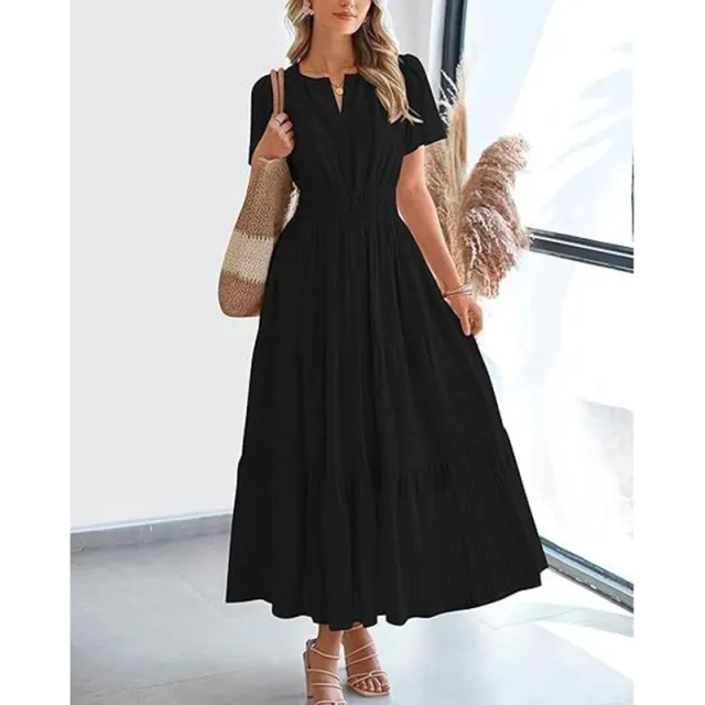 Women's Summer Short Sleeve V Neck Swing Dress Flowy Pleated Tiered Maxi Beach Sundress With Pockets Black - Shop at LoveMi