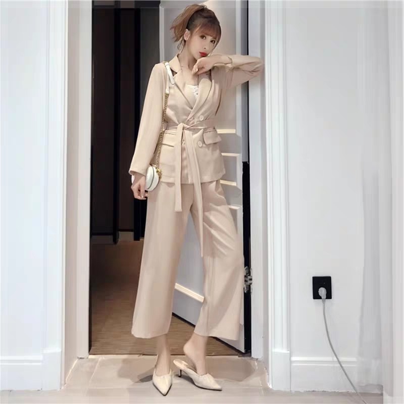 Nine-point Wide-leg Trousers Two-piece Suit With Belt