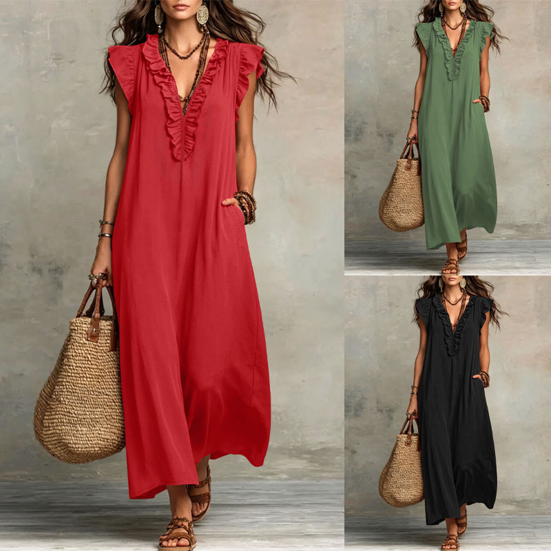 Women's Ruffled V-Neck Cap Sleeve Loose Maxi Dress With Pockets - Casual Boho Beach Long Dress For Summer
