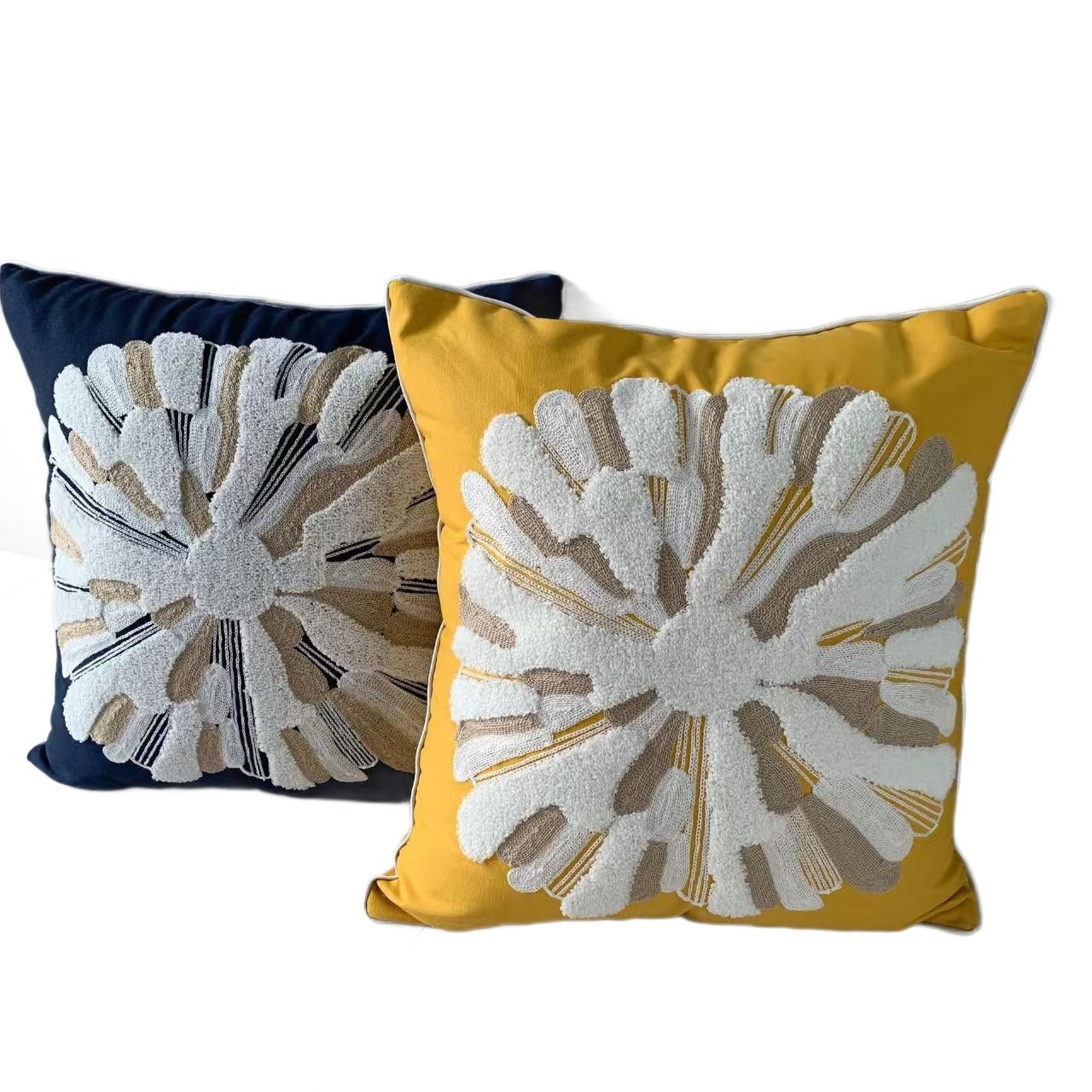 Boho Mustard Yellow Coral Flower Tufted Throw Pillow Cover, 3D Radial Floral… — image 1