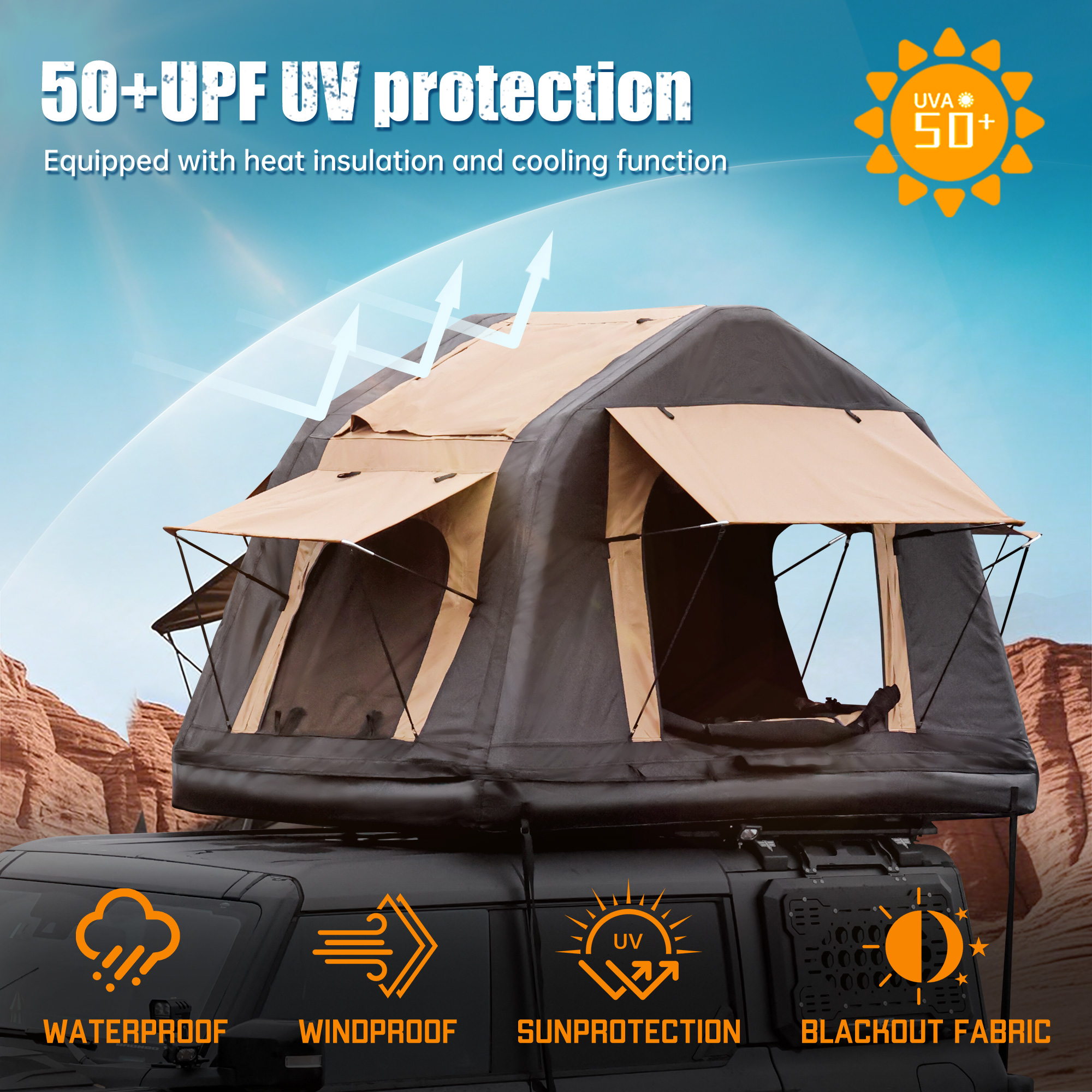 Foldable 2-3 People Amphibious Inflatable Car Roof Top Tent For Camping Outdoor Glamping Camping Tent For SUV, Truck – Without Ladder, Two-tone Style, Khaki & Black