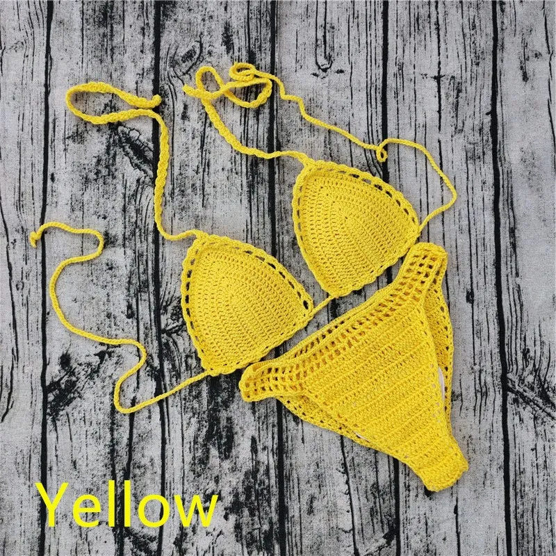 Handmade Crochet Bikini Sets Push-Up Pads Swimsuits - Yellow