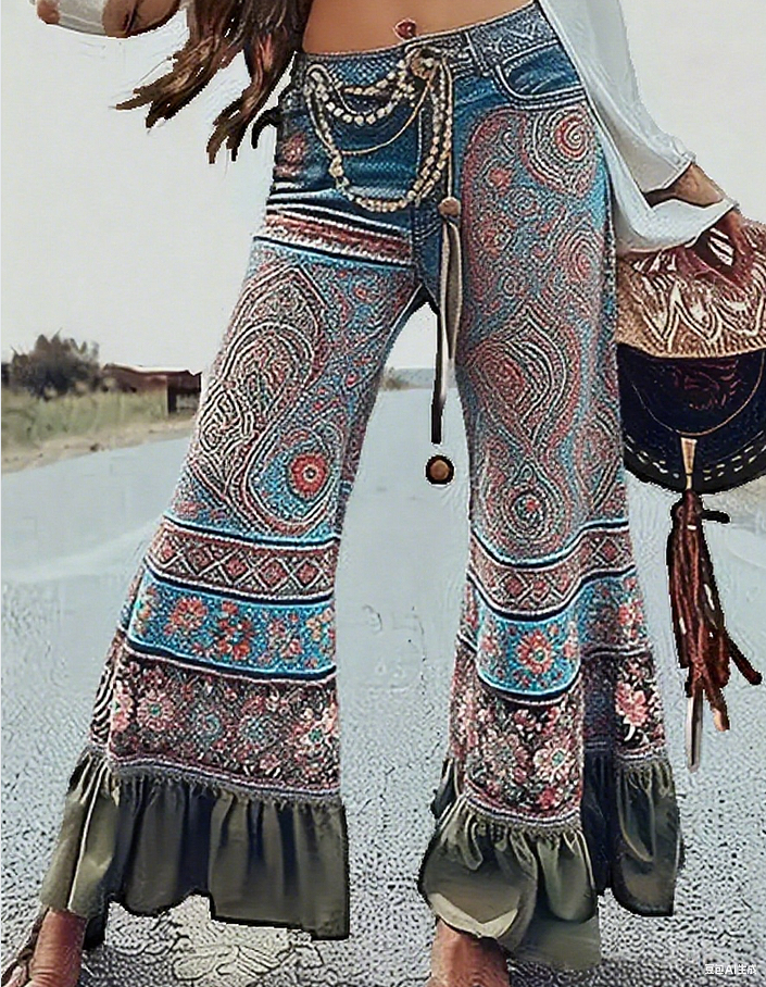 Pantalon évasé Ursime imprimé bohème à ourlet volanté – Color1, XL
