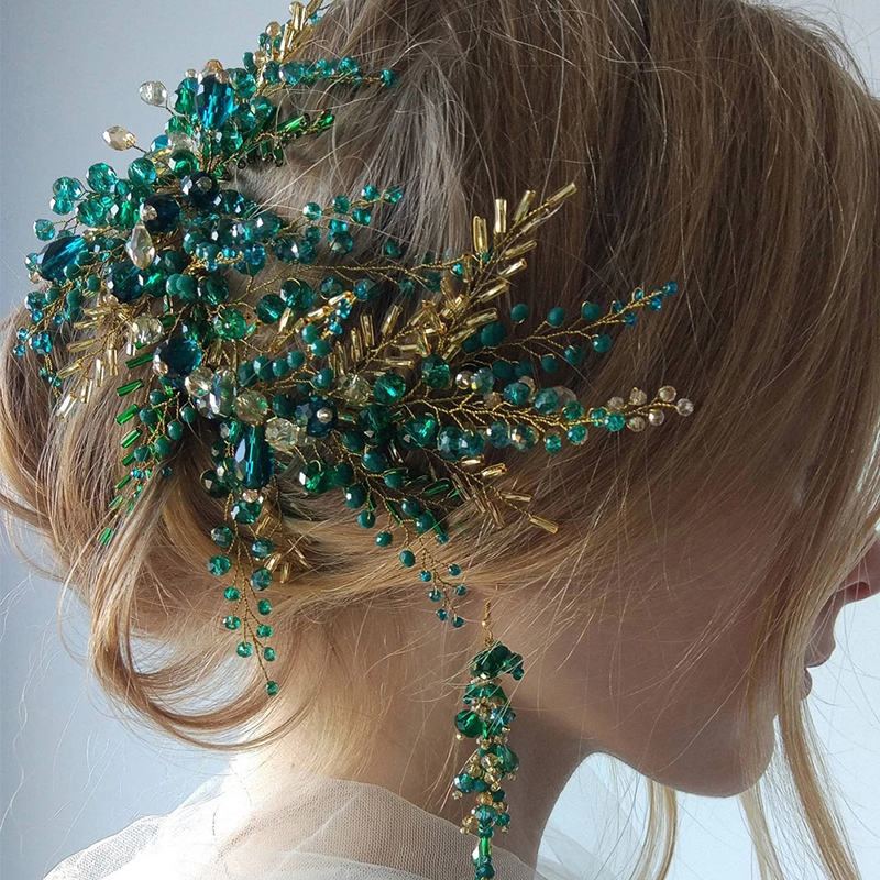 Special Handmade Green Crystal Headbands For Women Bride Lon