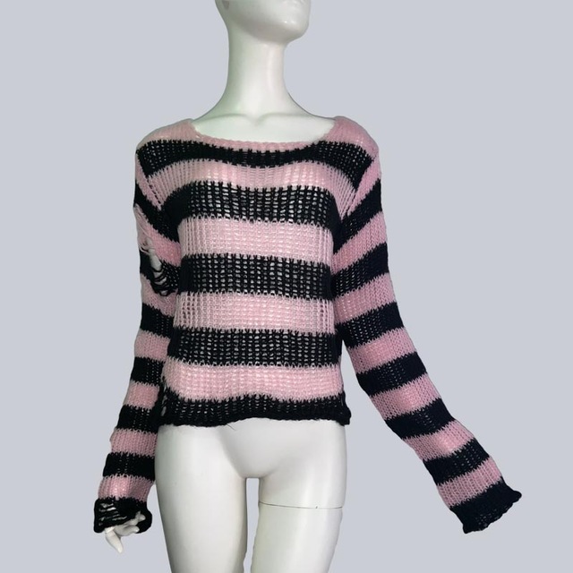 Title 9, Womens Striped Loose Knitwear With Ripped Mid-l...