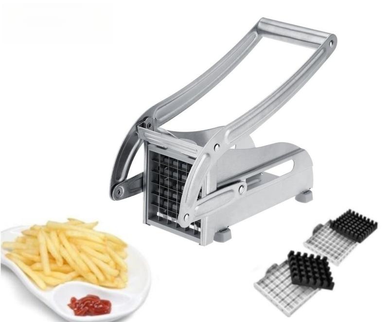 Lever-action stainless steel chip cutter with two interchangeable blade grids for slim fries and thick chips