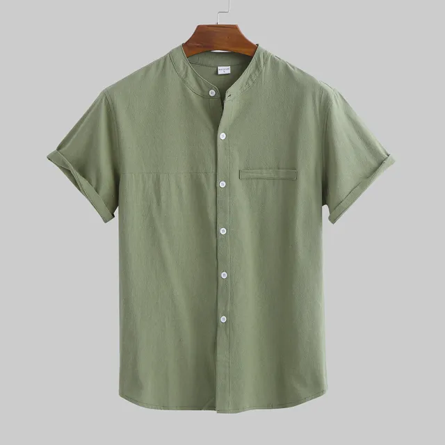 Linen Shirt Men's Short Sleeved Standing Collar Army Green - Shop at LoveMi