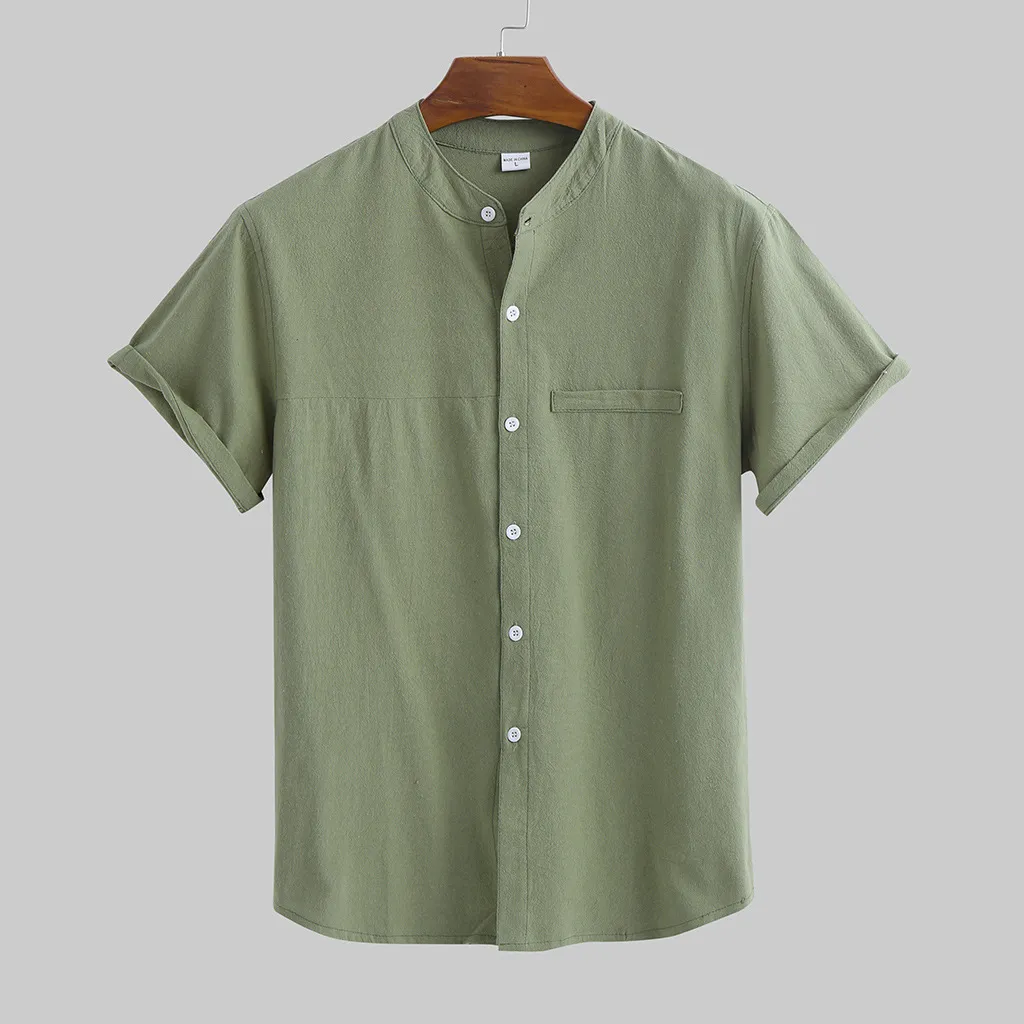 Linen Shirt Men's Short Sleeved Standing Collar - Army Green