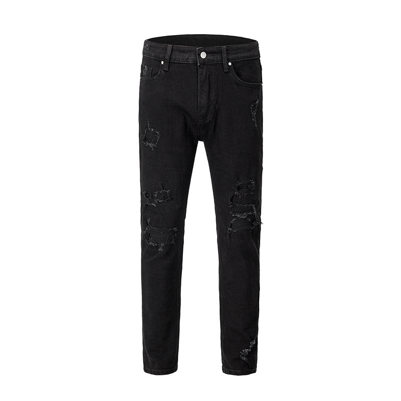 Title 3, Black All-Match Slim-Fit Jeans With Ripped Patches