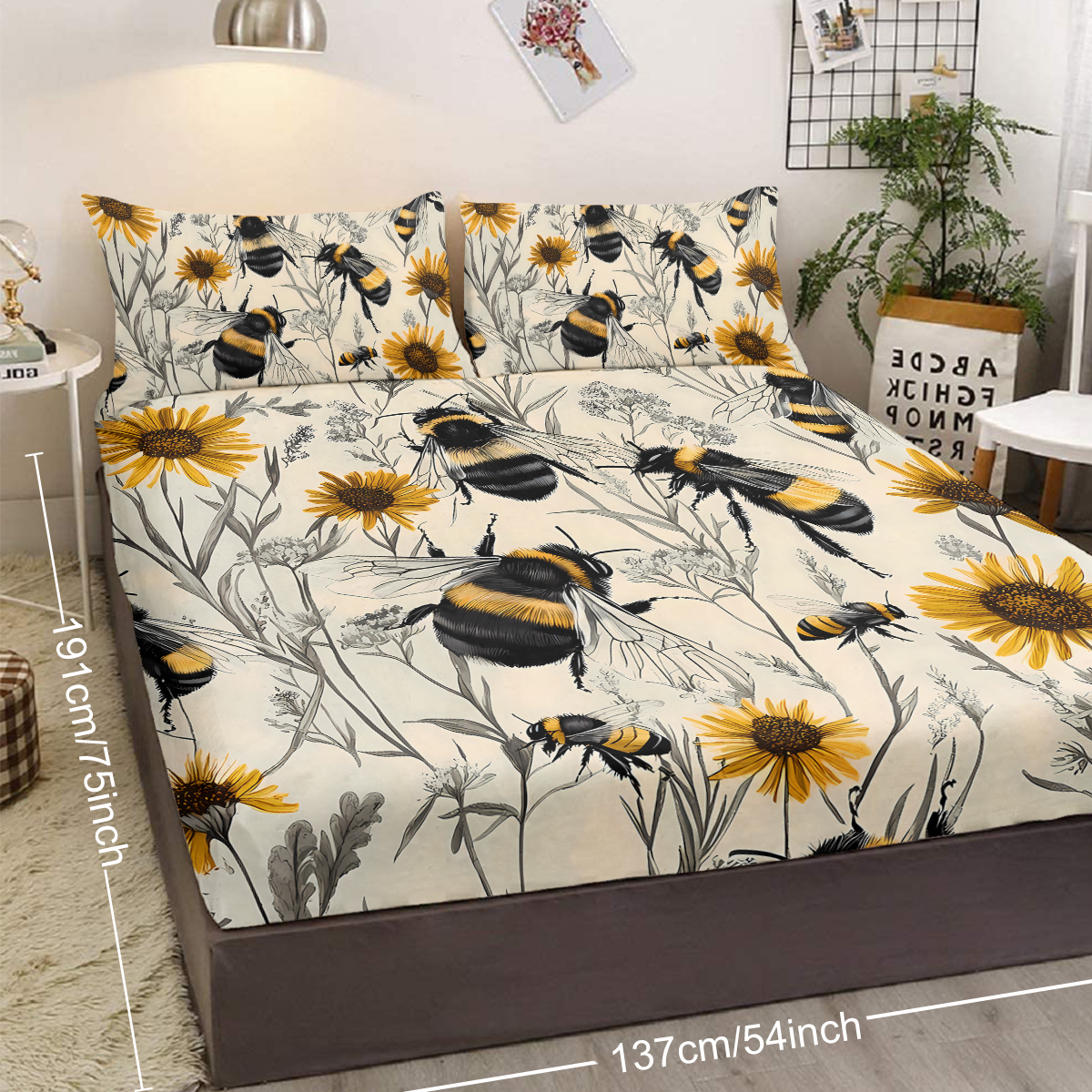 3PCS Botanical Floral Printed Bed Fitted Sheet Set, Yellow Bedding Set, Cute Bee,1 Fitted Sheet, 2 Pillow Cases