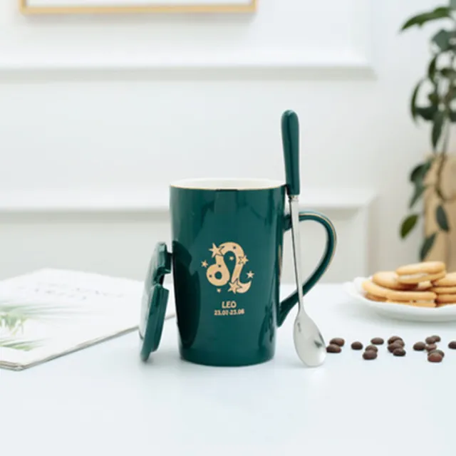 Twelve Constellation Ceramic Mug With Gold Handle And Spoon With Lid Green Leo - Shop at LoveMi
