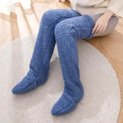 Over Knee High Fuzzy Long Socks Winter Warm Cold Leg Knee Joint Cold-proof Stockings Home Floor Sleeping Socks - Dark Blue - View 1