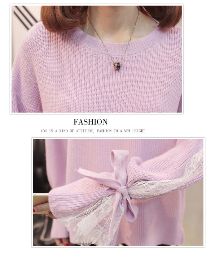 Title 6, Trumpet Sleeve Knit Lace Stitching Bow Large Si...