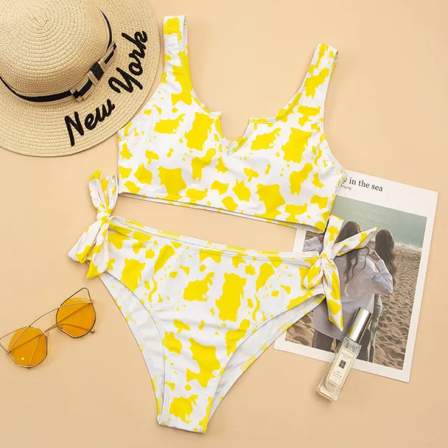 Split Cow Print Bow Bikini Swimsuit Women Yellow - Shop at LoveMi