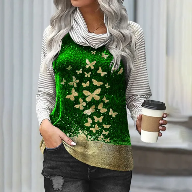 Stitching Long sleeved Pile Neck Top Printed T shirt Printed Green - Shop at LoveMi