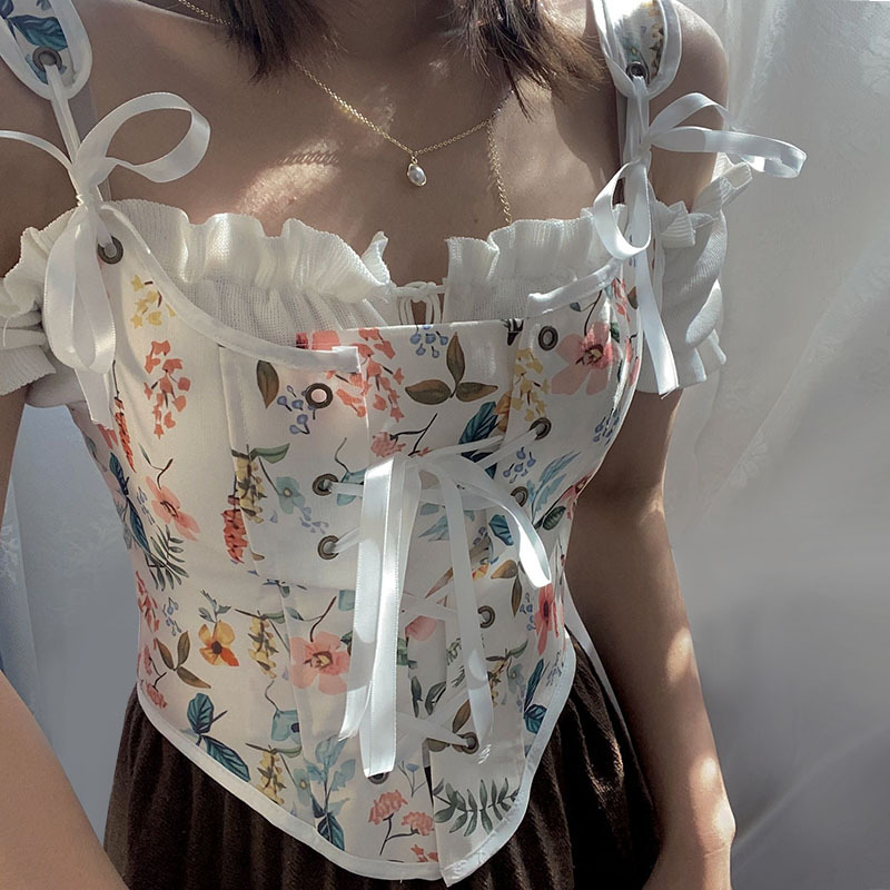 French Retro Wrap Chest Court Corset Belt U-neck Floral Vest